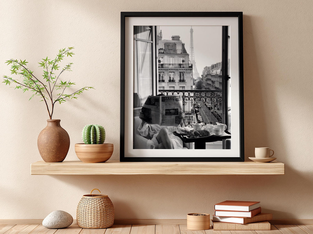 Paris Balcony Eiffel Tower View Poster | Black and White Photography Print | Vintage Paris Wall Art | Retro Travel Decor