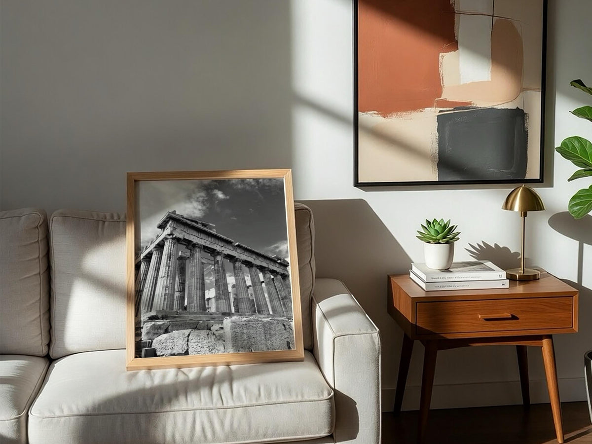 Parthenon Columns Sky Poster | Black and White Photography Print | Vintage Greek Architecture Wall Art | Retro Travel Decor