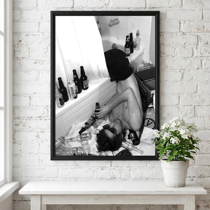 Passed Out Bathtub Party Poster | Black and White Photography Print | Vintage Humor Wall Art | Retro Party Lifestyle Decor