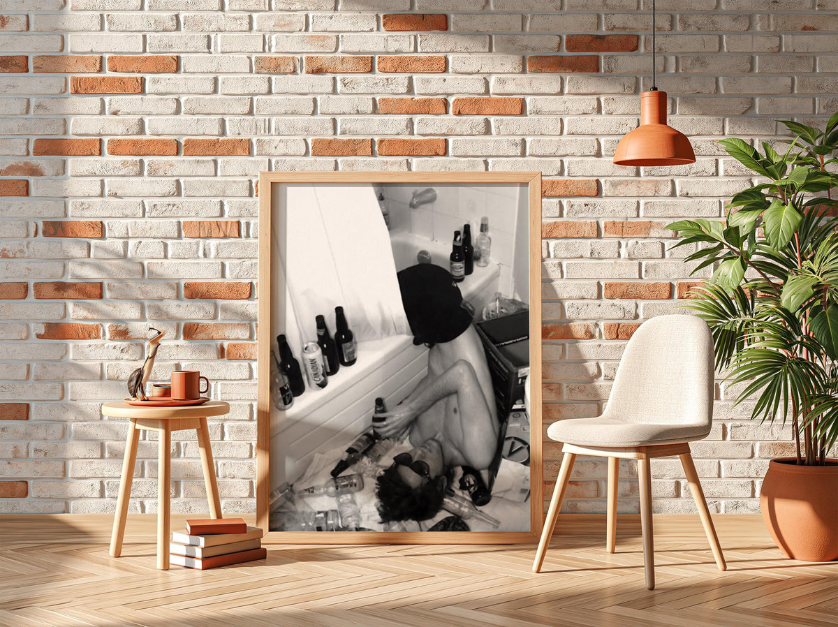 Passed Out Bathtub Party Poster | Black and White Photography Print | Vintage Humor Wall Art | Retro Party Lifestyle Decor