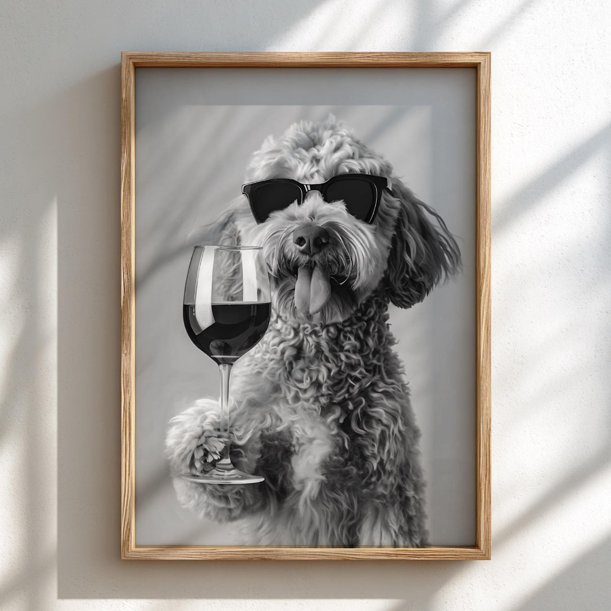Poodle Sunglasses Wine Glass Poster | Black and White Photography Print | Vintage Pet Wall Art | Retro Luxury Animal Decor