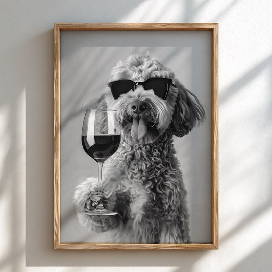 Poodle Sunglasses Wine Glass Poster | Black and White Photography Print | Vintage Pet Wall Art | Retro Luxury Animal Decor