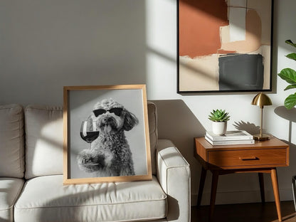 Poodle Sunglasses Wine Glass Poster | Black and White Photography Print | Vintage Pet Wall Art | Retro Luxury Animal Decor