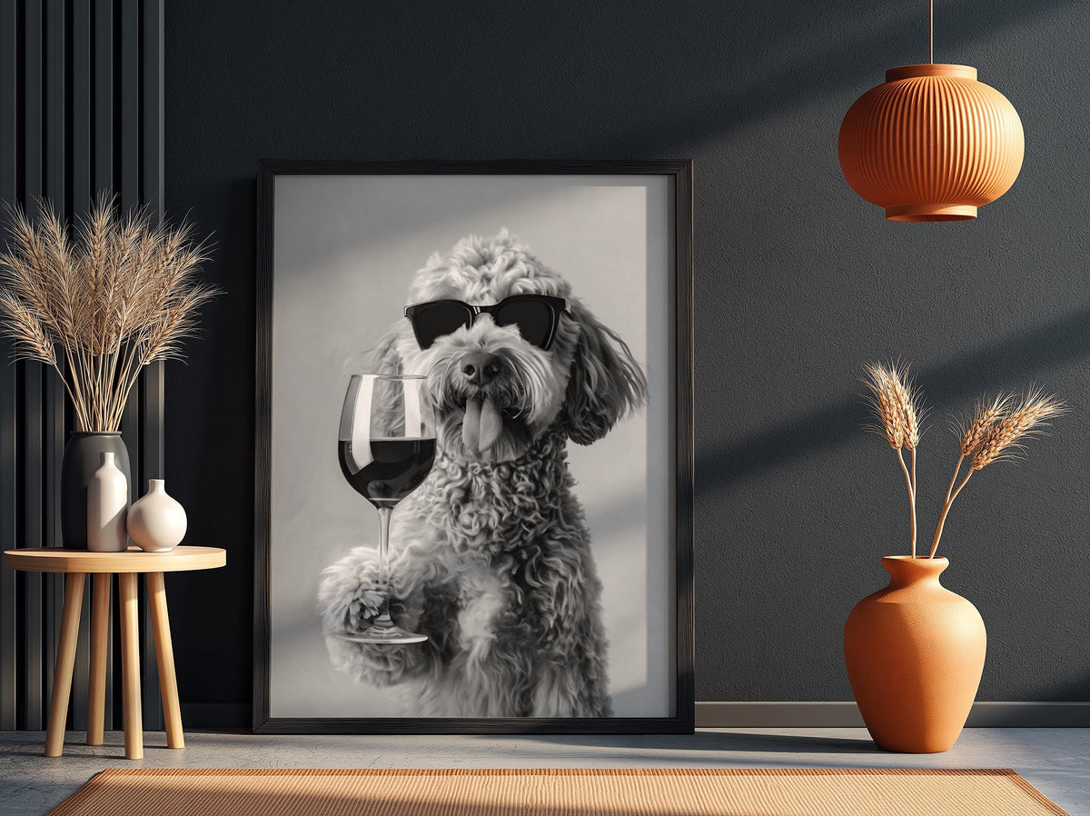 Poodle Sunglasses Wine Glass Poster | Black and White Photography Print | Vintage Pet Wall Art | Retro Luxury Animal Decor