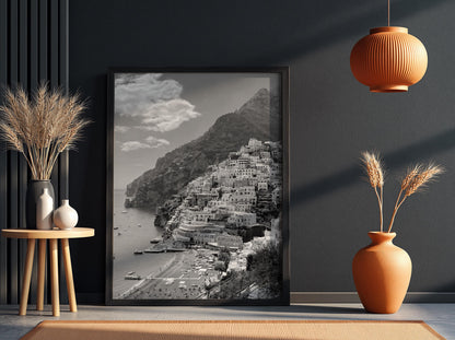 Positano Coastal Village View Poster | Black and White Photography Print | Vintage Italy Wall Art | Retro Mediterranean Decor