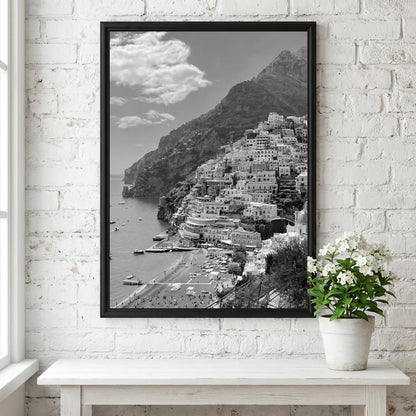 Positano Coastal Village View Poster | Black and White Photography Print | Vintage Italy Wall Art | Retro Mediterranean Decor