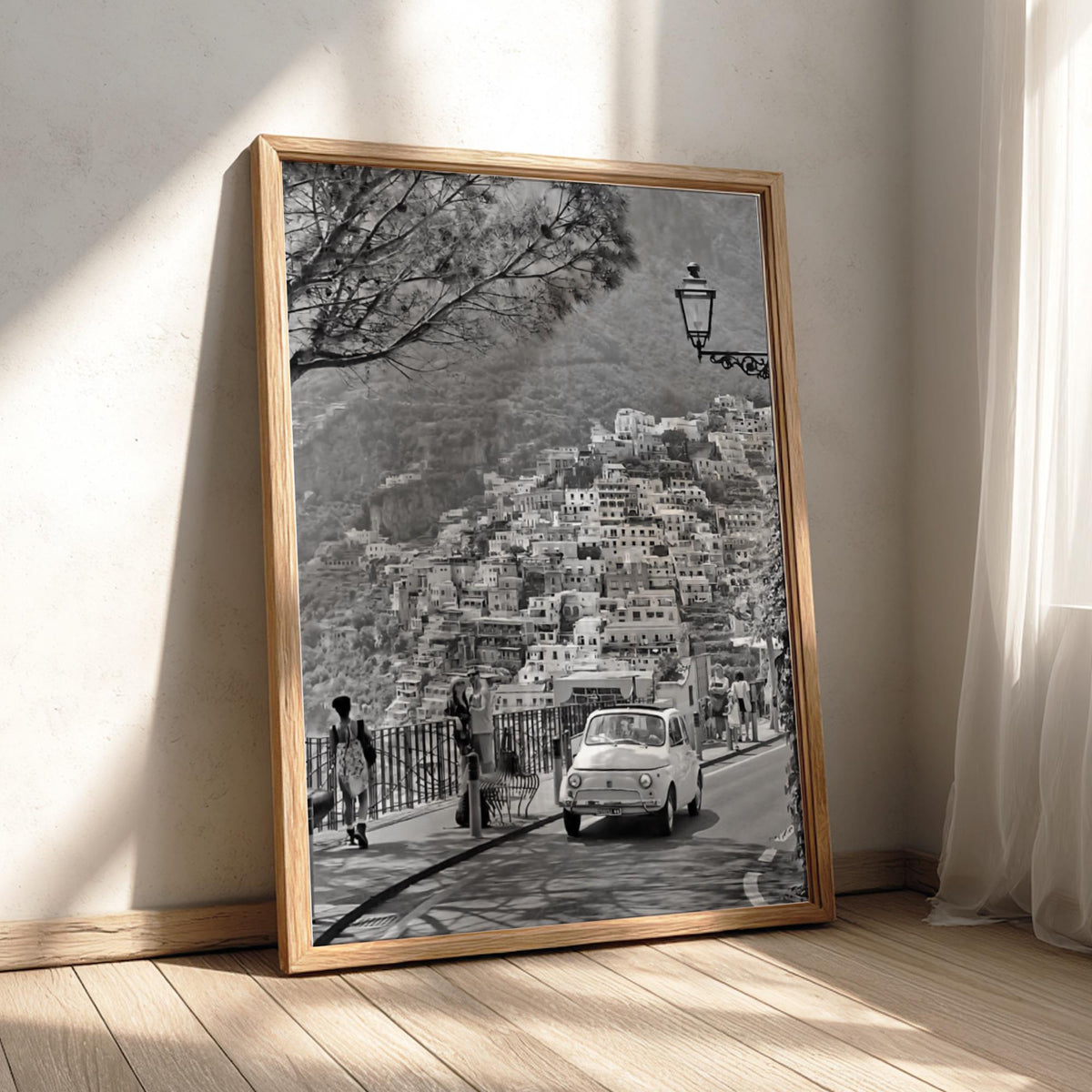 Positano Street View Poster | Black and White Photography Print | Vintage Italy Wall Art | Retro Mediterranean Travel Decor