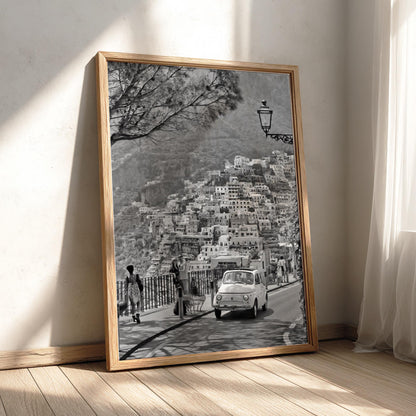 Positano Street View Poster | Black and White Photography Print | Vintage Italy Wall Art | Retro Mediterranean Travel Decor