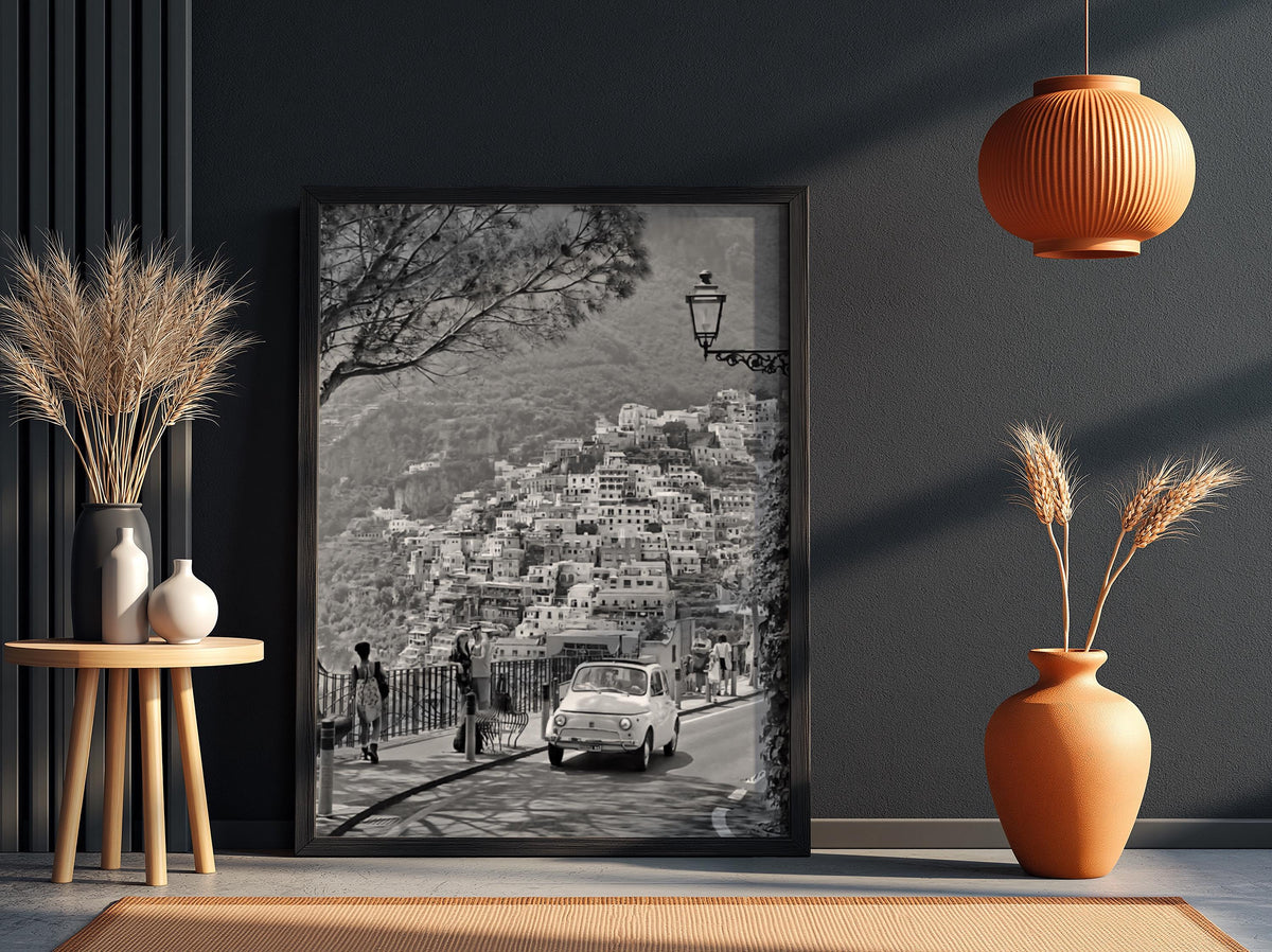 Positano Street View Poster | Black and White Photography Print | Vintage Italy Wall Art | Retro Mediterranean Travel Decor