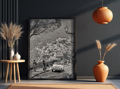 Positano Street View Poster | Black and White Photography Print | Vintage Italy Wall Art | Retro Mediterranean Travel Decor