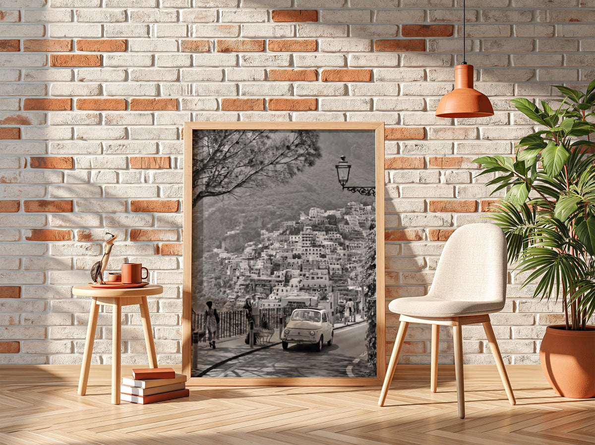 Positano Street View Poster | Black and White Photography Print | Vintage Italy Wall Art | Retro Mediterranean Travel Decor