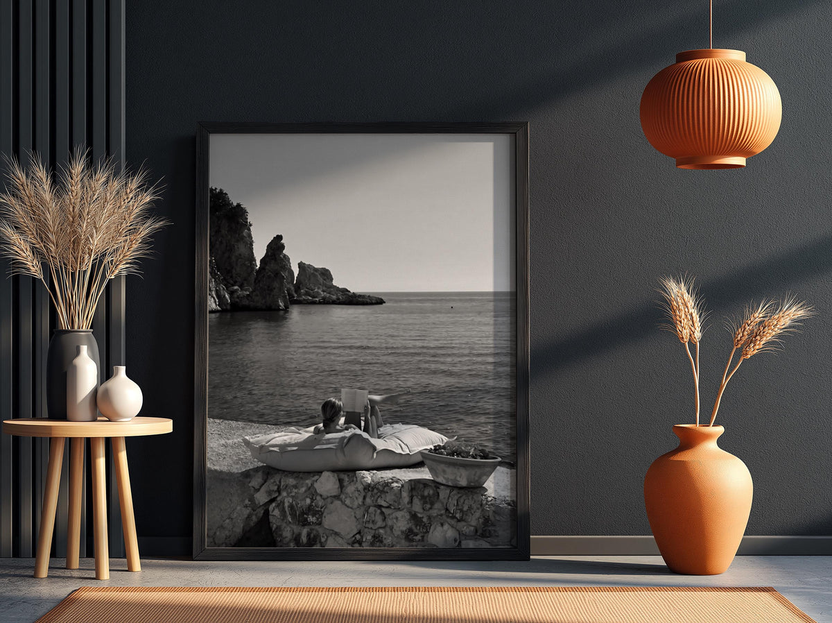 Reading By The Mediterranean Cove Poster | Black and White Photography Print | Vintage Coastal Wall Art | Retro Summer Decor