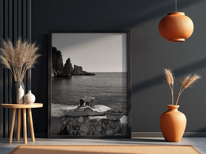 Reading By The Mediterranean Cove Poster | Black and White Photography Print | Vintage Coastal Wall Art | Retro Summer Decor