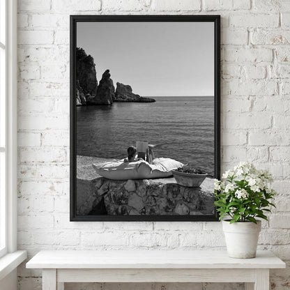Reading By The Mediterranean Cove Poster | Black and White Photography Print | Vintage Coastal Wall Art | Retro Summer Decor
