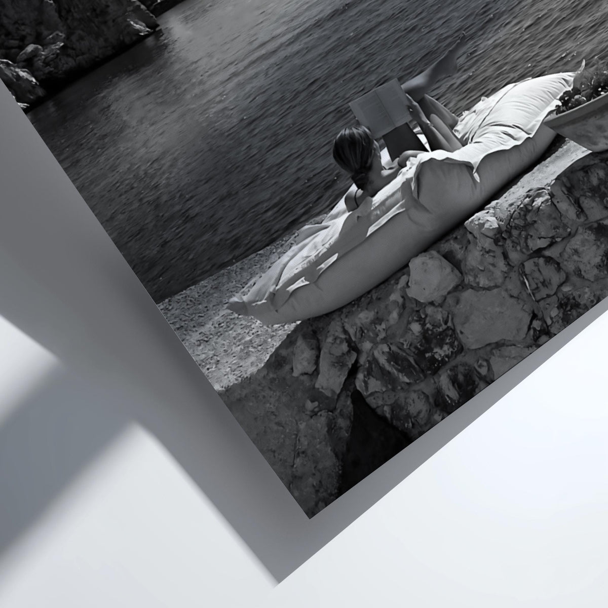 Reading By The Mediterranean Cove Poster | Black and White Photography Print | Vintage Coastal Wall Art | Retro Summer Decor
