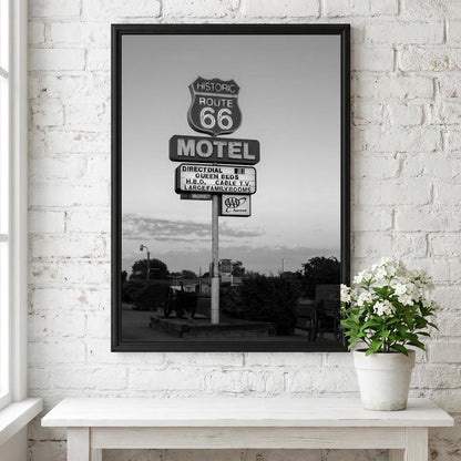Route 66 Motel Sign Sunset Poster | Black and White Photography Print | Vintage Road Trip Wall Art | Retro Americana Decor