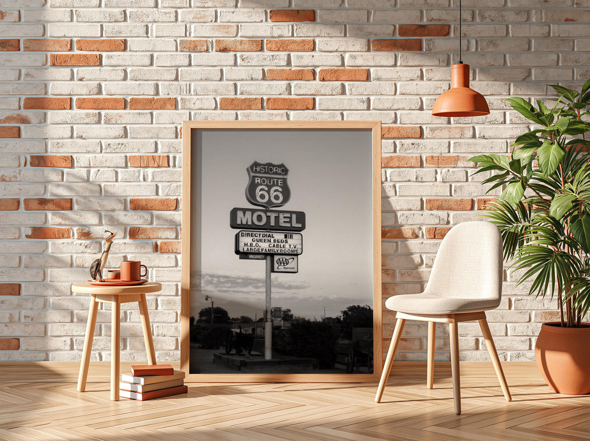 Route 66 Motel Sign Sunset Poster | Black and White Photography Print | Vintage Road Trip Wall Art | Retro Americana Decor