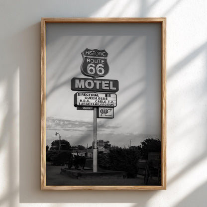 Route 66 Motel Sign Sunset Poster | Black and White Photography Print | Vintage Road Trip Wall Art | Retro Americana Decor