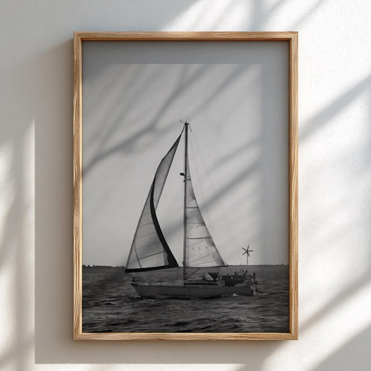 Sailboat Sunset Silhouette Poster | Black and White Photography Print | Vintage Coastal Wall Art | Retro Ocean Travel Decor