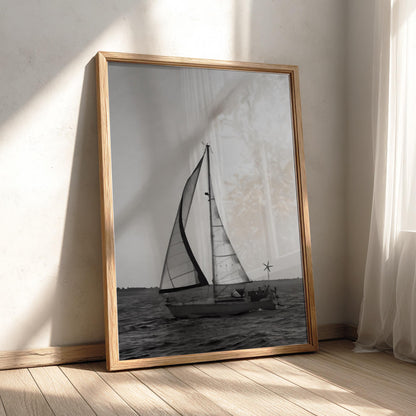 Sailboat Sunset Silhouette Poster | Black and White Photography Print | Vintage Coastal Wall Art | Retro Ocean Travel Decor