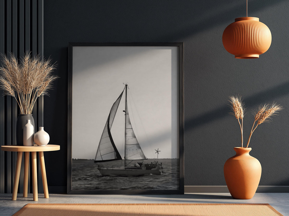 Sailboat Sunset Silhouette Poster | Black and White Photography Print | Vintage Coastal Wall Art | Retro Ocean Travel Decor
