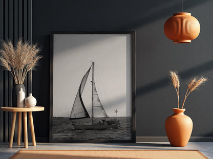 Sailboat Sunset Silhouette Poster | Black and White Photography Print | Vintage Coastal Wall Art | Retro Ocean Travel Decor