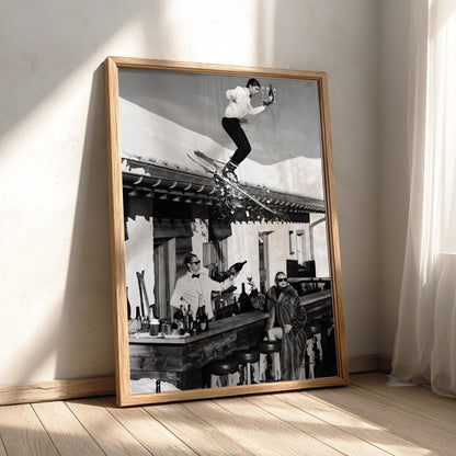 Ski Waiter Rooftop Champagne Poster | Black and White Photography Print | Vintage Luxury Lifestyle Wall Art | Retro Alpine Decor