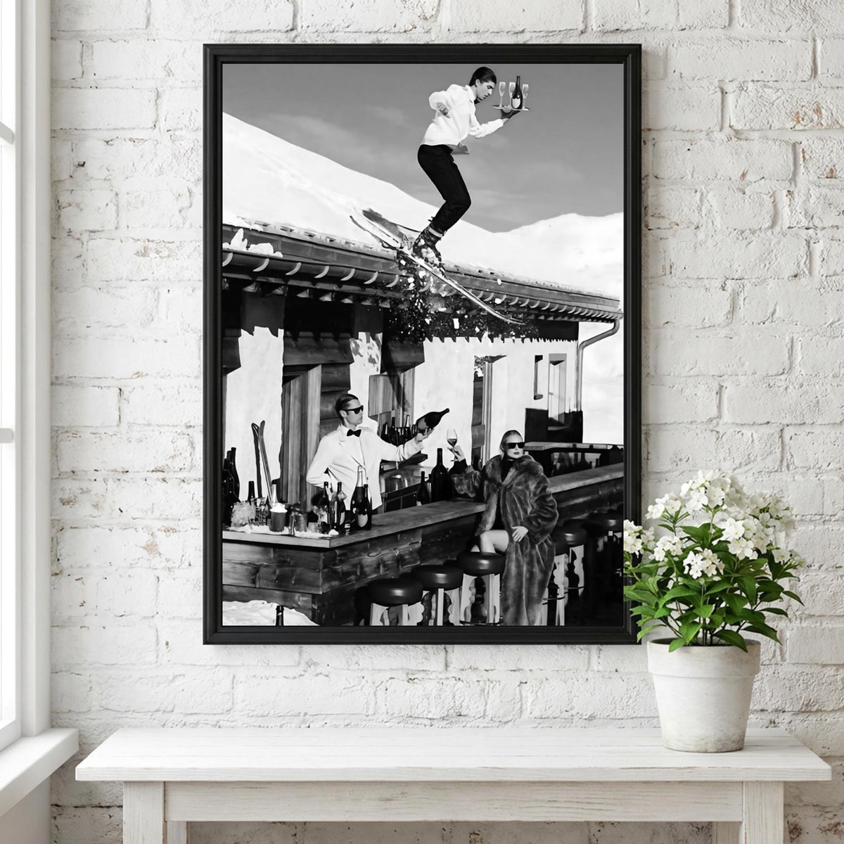 Ski Waiter Rooftop Champagne Poster | Black and White Photography Print | Vintage Luxury Lifestyle Wall Art | Retro Alpine Decor