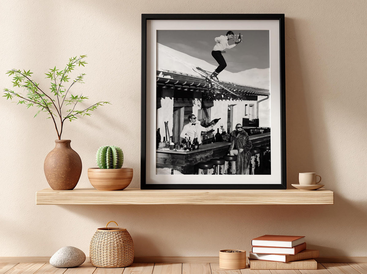 Ski Waiter Rooftop Champagne Poster | Black and White Photography Print | Vintage Luxury Lifestyle Wall Art | Retro Alpine Decor
