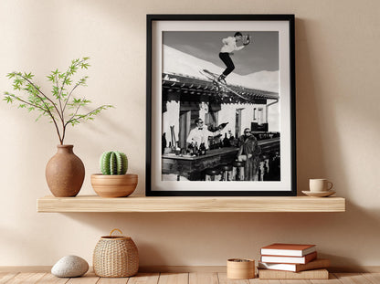 Ski Waiter Rooftop Champagne Poster | Black and White Photography Print | Vintage Luxury Lifestyle Wall Art | Retro Alpine Decor