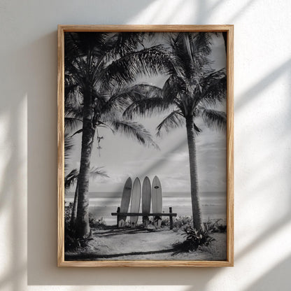 Surfboards Between Palm Trees Poster | Black and White Photography Print | Vintage Beach Wall Art | Retro Surf Lifestyle Decor