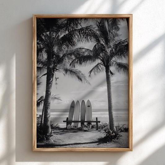 Surfboards Between Palm Trees Poster | Black and White Photography Print | Vintage Beach Wall Art | Retro Surf Lifestyle Decor