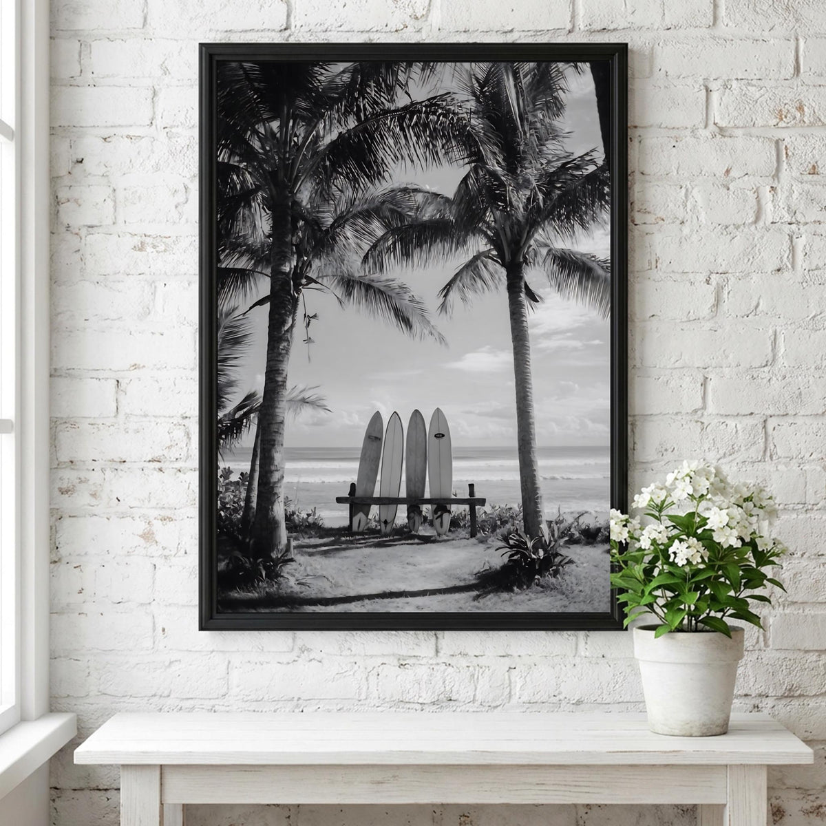 Surfboards Between Palm Trees Poster | Black and White Photography Print | Vintage Beach Wall Art | Retro Surf Lifestyle Decor