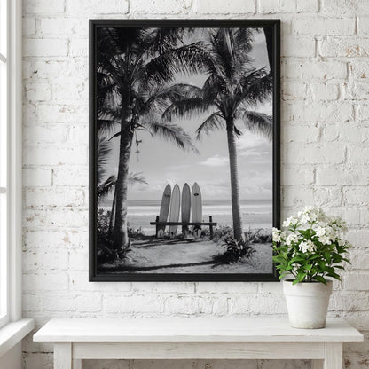 Surfboards Between Palm Trees Poster | Black and White Photography Print | Vintage Beach Wall Art | Retro Surf Lifestyle Decor