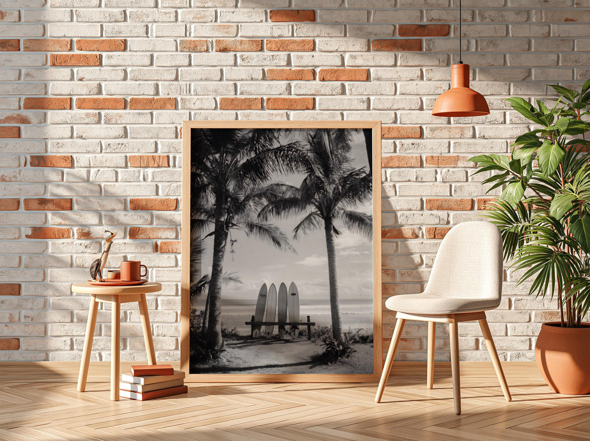 Surfboards Between Palm Trees Poster | Black and White Photography Print | Vintage Beach Wall Art | Retro Surf Lifestyle Decor