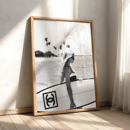 Surfer Girl Board Poster | Black and White Photography Print | Vintage Surf Wall Art | Retro Beach Lifestyle Decor