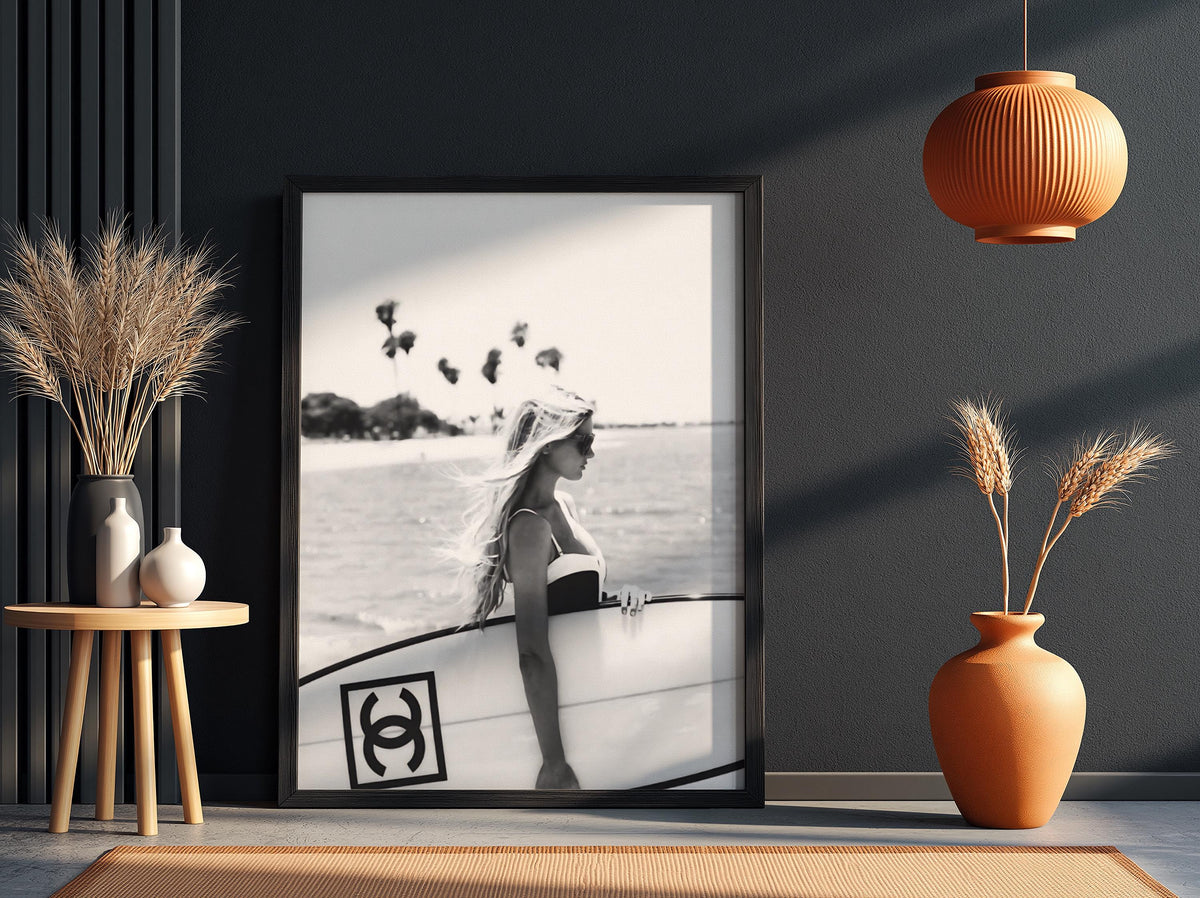 Surfer Girl Board Poster | Black and White Photography Print | Vintage Surf Wall Art | Retro Beach Lifestyle Decor