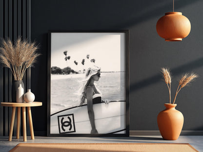 Surfer Girl Board Poster | Black and White Photography Print | Vintage Surf Wall Art | Retro Beach Lifestyle Decor