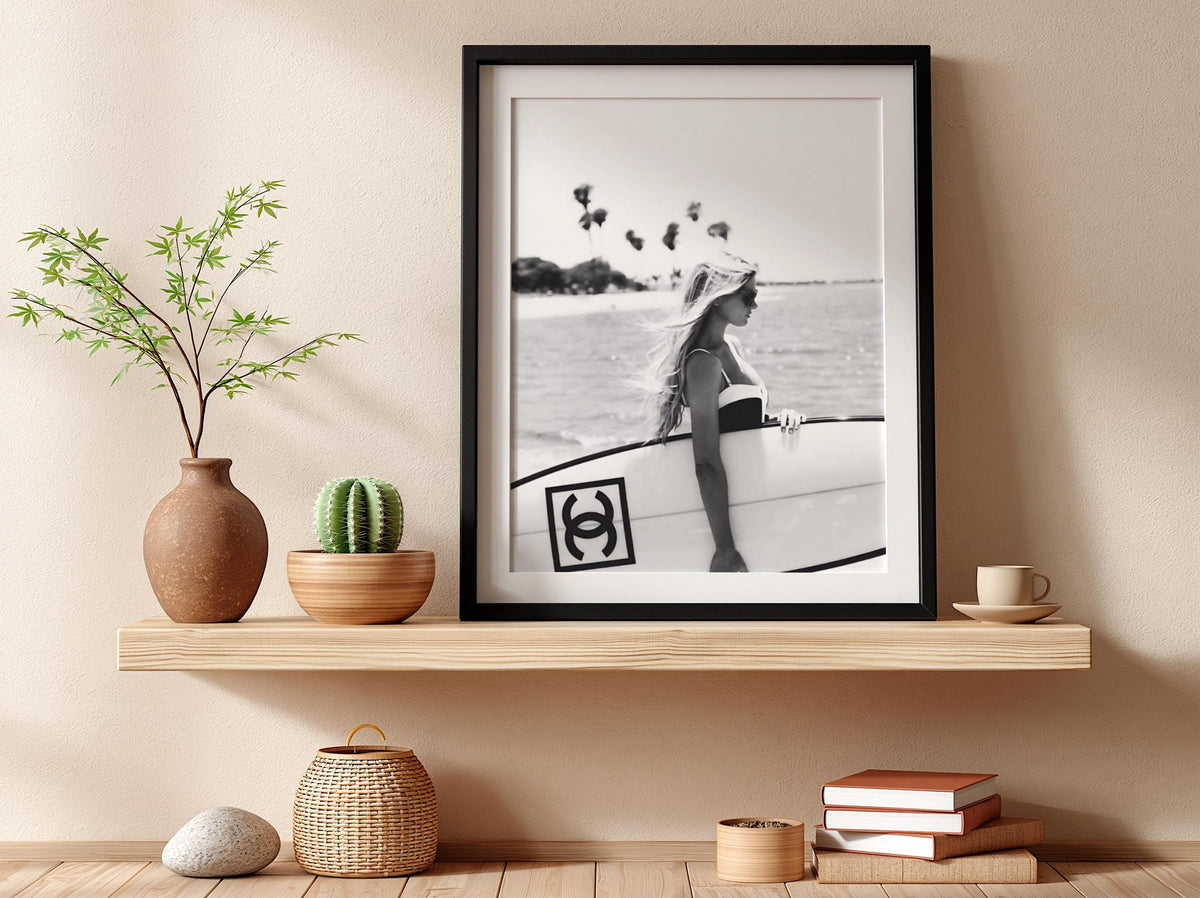 Surfer Girl Board Poster | Black and White Photography Print | Vintage Surf Wall Art | Retro Beach Lifestyle Decor