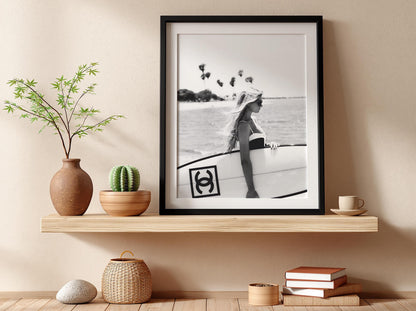 Surfer Girl Board Poster | Black and White Photography Print | Vintage Surf Wall Art | Retro Beach Lifestyle Decor