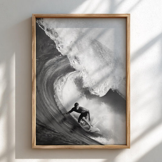 Surfer Riding Barrel Wave Poster | Black and White Photography Print | Vintage Surf Wall Art | Retro Ocean Lifestyle Decor