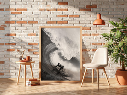 Surfer Riding Barrel Wave Poster | Black and White Photography Print | Vintage Surf Wall Art | Retro Ocean Lifestyle Decor