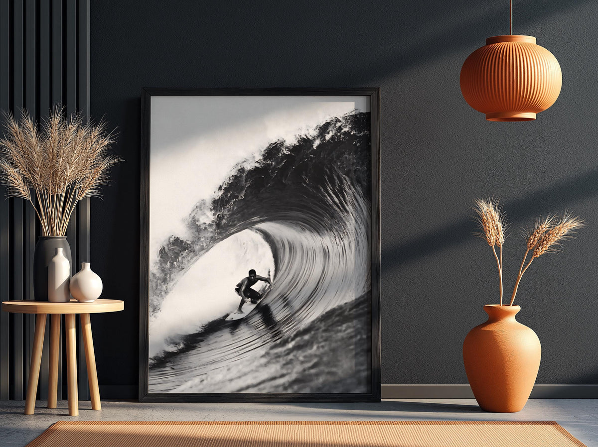 Surfer Riding Wave Poster | Black and White Photography Print | Vintage Surf Wall Art | Retro Ocean Lifestyle Decor