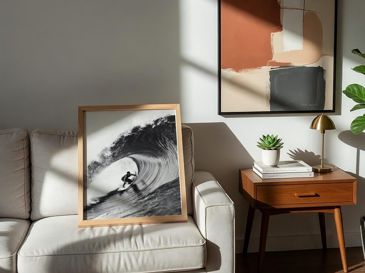 Surfer Riding Wave Poster | Black and White Photography Print | Vintage Surf Wall Art | Retro Ocean Lifestyle Decor