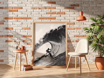 Surfer Riding Wave Poster | Black and White Photography Print | Vintage Surf Wall Art | Retro Ocean Lifestyle Decor