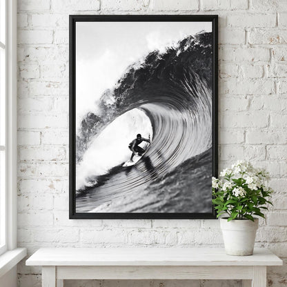 Surfer Riding Wave Poster | Black and White Photography Print | Vintage Surf Wall Art | Retro Ocean Lifestyle Decor