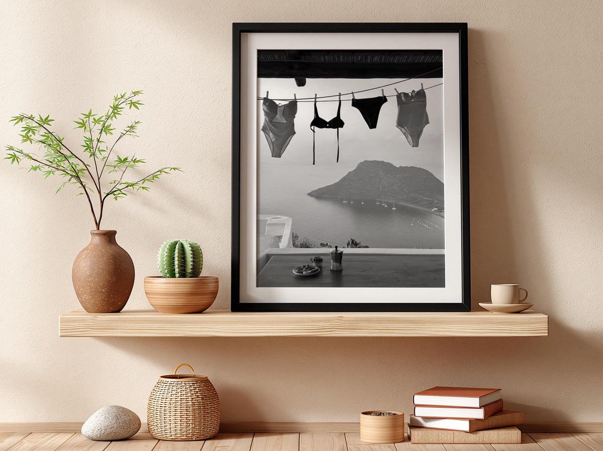 Swimsuits Drying Island View Poster | Black and White Photography Print | Vintage Beach Wall Art | Retro Coastal Lifestyle Decor