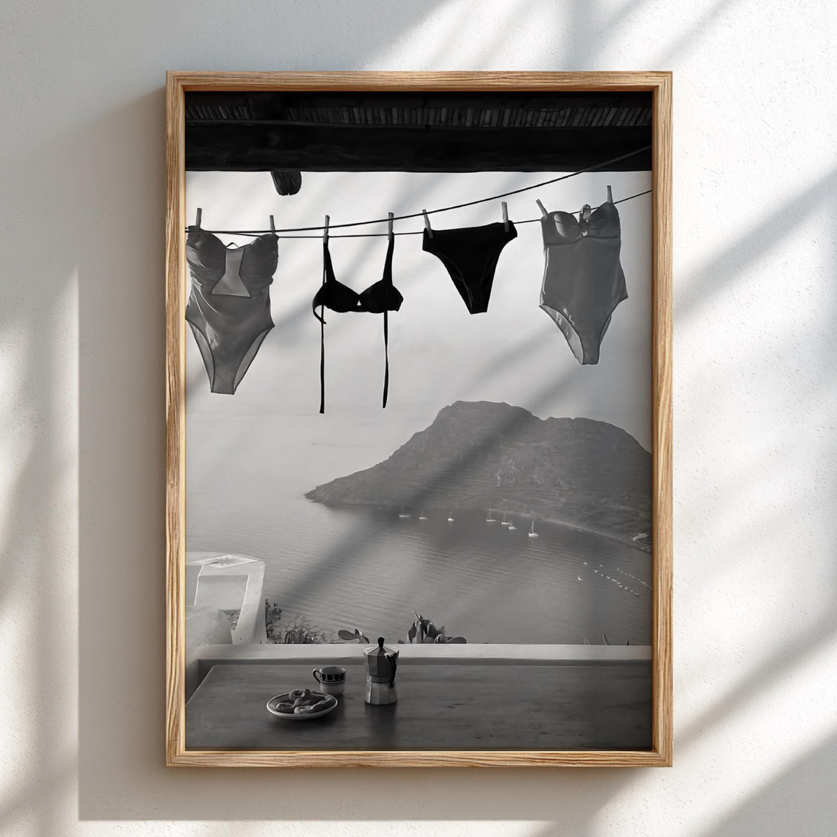 Swimsuits Drying Island View Poster | Black and White Photography Print | Vintage Beach Wall Art | Retro Coastal Lifestyle Decor