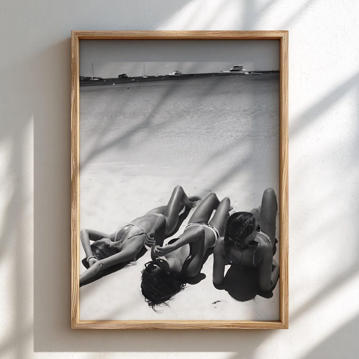 Three Friends Sunbathing Beach Poster | Black and White Photography Print | Vintage Summer Wall Art | Retro Coastal Decor