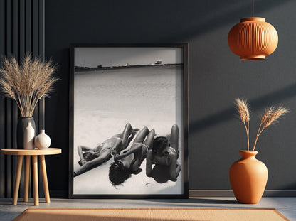 Three Friends Sunbathing Beach Poster | Black and White Photography Print | Vintage Summer Wall Art | Retro Coastal Decor